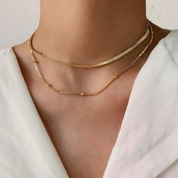 18K Gold Herringbone Flat Snake 2pc Necklace Womens Chain Beaded 18 K Jewelry